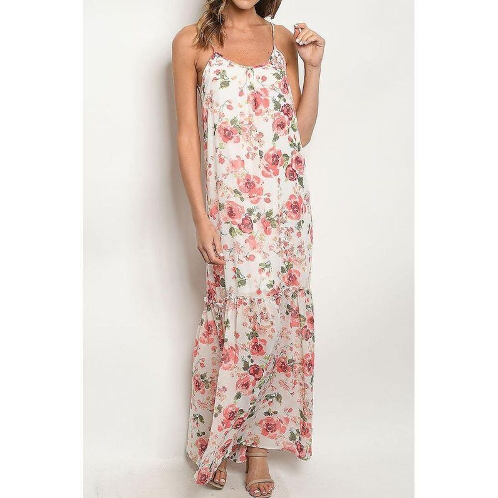 World of Leggings Low V Crisscross Back Rose Print Maxi Dress with Spaghetti